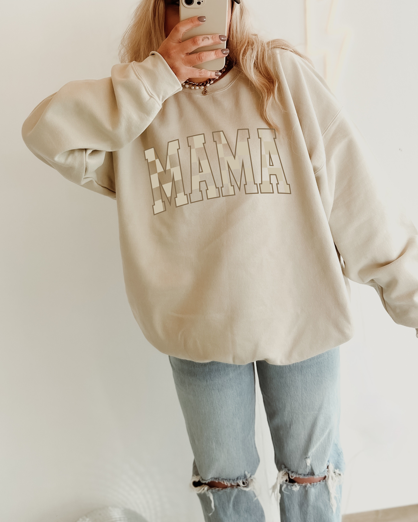 Beige Checkered MAMA Crewneck